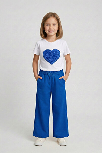 nacar çarşı تي شيرت بناتي أزرق بلون الكوبالت على شكل قلب أزرق بلون الكوبالت ب...