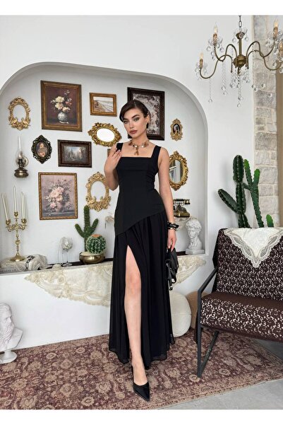 YURELİ Askılı Yırtmaçlı Uzun Elbise