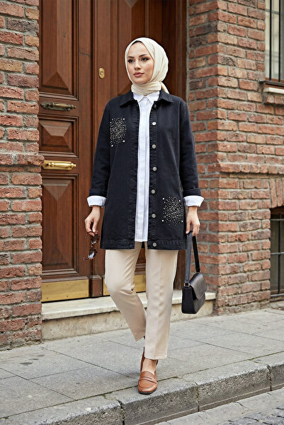 MODAQU Buttoned Stone Detailed Denim Jacket - Black