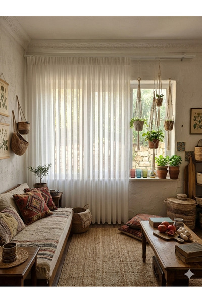 perde360 Keten Dokulu Bohem Tül Perde - Yüksek Gramaj – Sık Pile 1/3 Dikim (Ö...