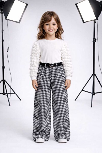 İncilay Kids Kız Çocuk Bayramlık Kazayağı Desenli Bol Paça Pantolonlu Şık Kom...