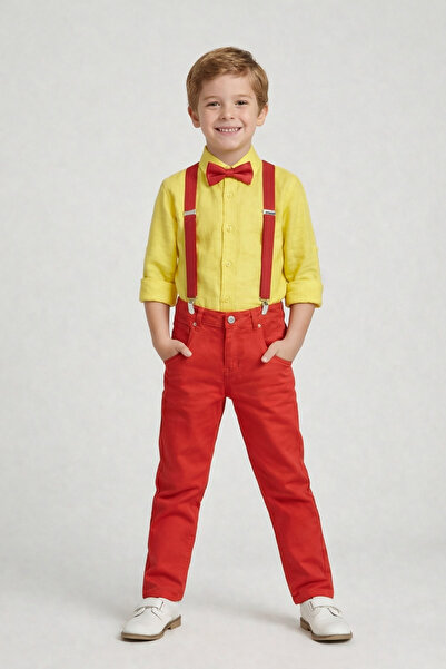 nacar çarşı Cămașă galbenă cu mânecă lungă pentru băieți, pantaloni roșii, co...