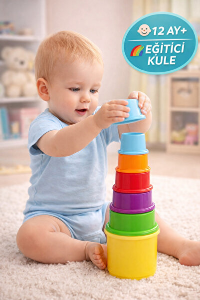 TOYFEST Bebek Eğitici Bardak Kule Oyunu 12 Ay+ Renkli Geçmeli Eğlenceli Kule ...