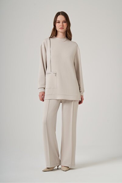 Nuss 1077 Çift Gold Fermuar Detaylı Pantolonlu Takım - Taş