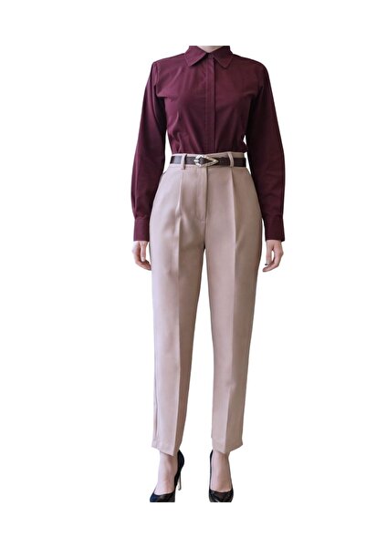 Qualia Butik Women's Belt Pack Pleated Carrot Leg Fabric Trousers