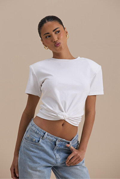 BESTYSO Women's Padded Shoulders Knot Detailed Cropped Blouse