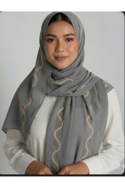 Veil Designer Gray wool scarf, two layers, embroidery all over the scarf, 190*60