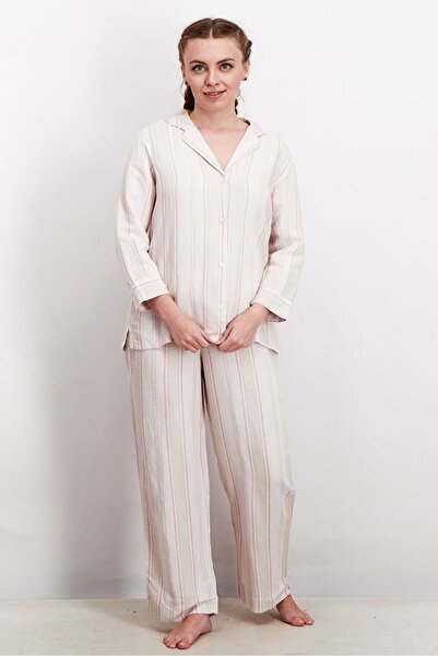 Tchibo Women 2 Pieces Linen Stripes Pajamas Set, Pink