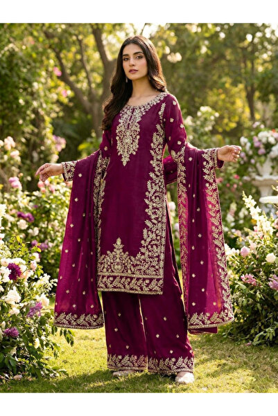 MYSMAR طقم حرير النبيذ مكون من بلوزة وبنطال وشال - HRT7169 | نبيذي