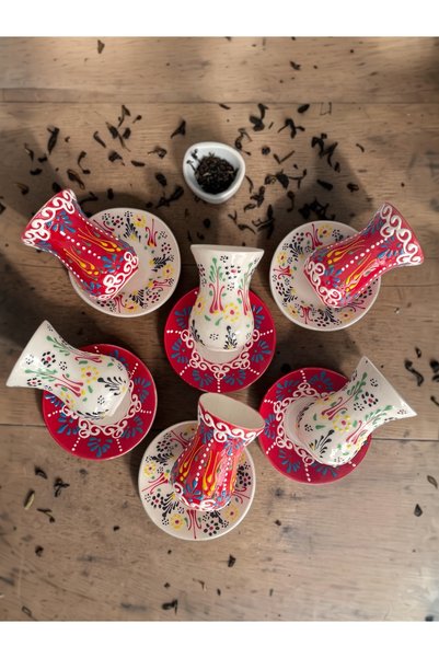 Artistic Quality Decorative 6-Person Fully Handmade Tea Cup Set with Stylish Tulip Tile Design