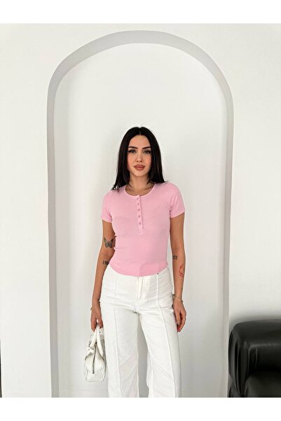 PIOVE Düğmeli Ribana Crop Bluz – Brown Elegance