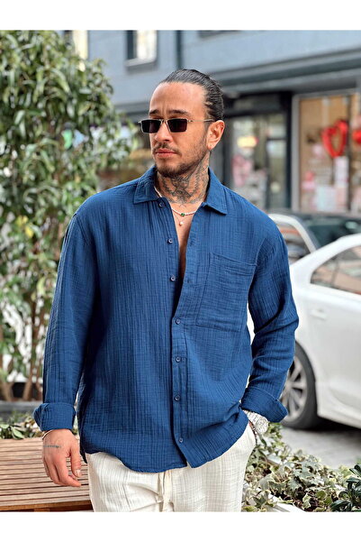 manch collection Μονό πουκάμισο Με τσέπες oversized μουσελίνας σε μπλε ναυτικ...