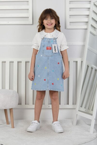 Butik Kız Çocuk Kalp Nakışlı Kot Jile Elbise – Askılı Denim Jile, Günlük ve Ş...