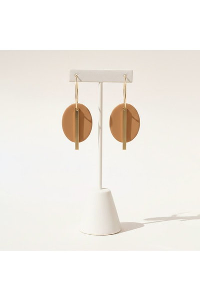 BUNILU Cercei ovali maro cu bara aurie, design minimalist modern