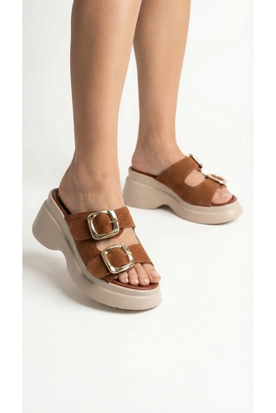 Limeo Double Buckle Detail High Wedge Heel Lu Suede Comfortable Women's Summer Slipper Sandals