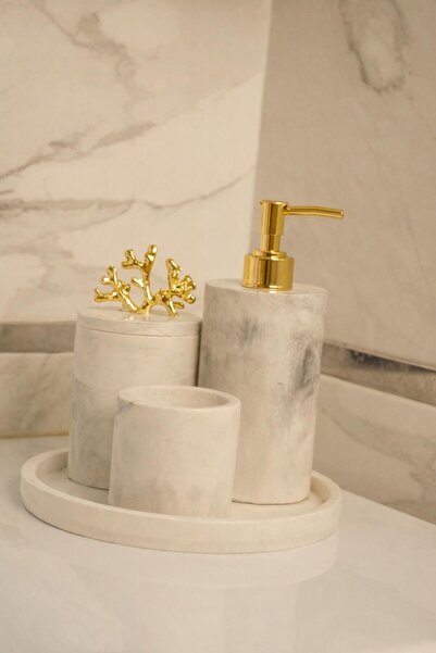 BeeCandleHome Beyaz Mermer Desenli 5'li Mumlu Banyo Seti - Gold Renk Pompa ve...