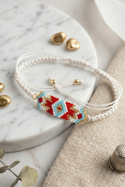 Mementoboxes Beyaz Makrome El Yapımı Miyuki Boncuklu Bileklik