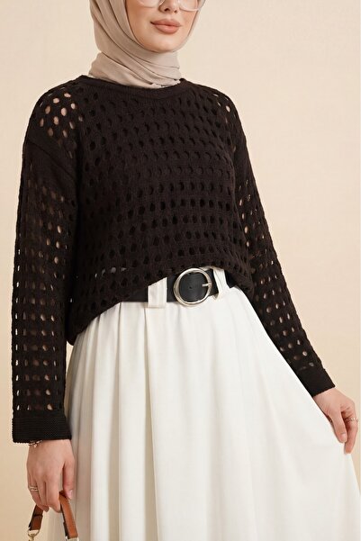 Modamorfo Kayık Yaka Lace-Like Knit Knitwear Sweater -K. Coffee