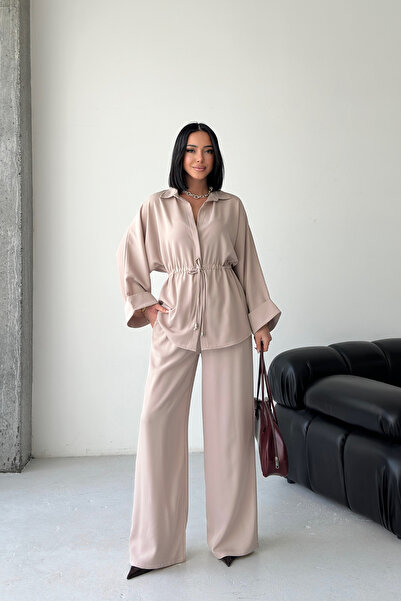 MOZENA Shirt and Pants Set with Tie Detail, Loose Fit Two-Piece Set