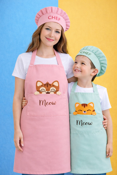 AYSHOME Ays Home Hat Powder/Mint Cat Chef Mother Child Kitchen Apron (Pockete...