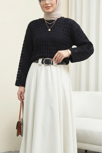 Modamorfo Kayık Yaka Lace-Like Knit Knitwear Sweater -Black