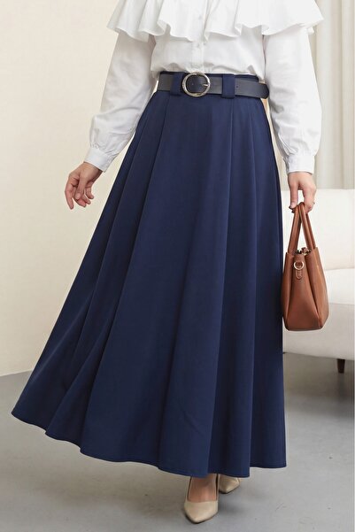 Modamorfo Thick Belt Layer Tivil Skirt with Pleated Front and Pocketed Side Z...