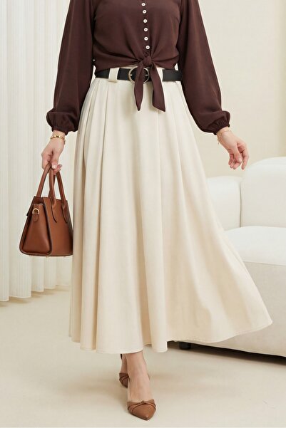 Modamorfo Thick Belt Layer Tivil Skirt with Pleated Front and Pocketed Side Z...