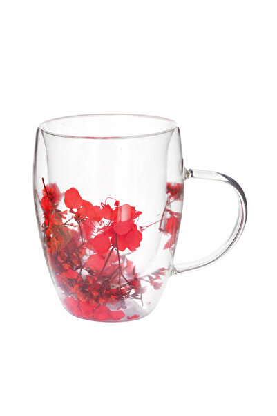 Malooki Double Walled Glass Mug "Red" with Natural Red Dried Flowers – 350 ml