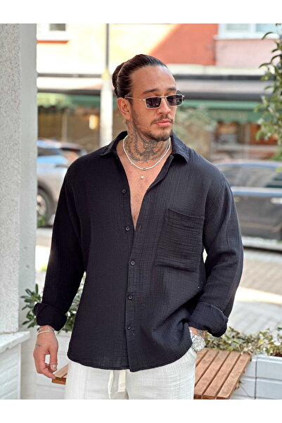 manch collection Tek Pocketed Oversized Muslin Shirt Black