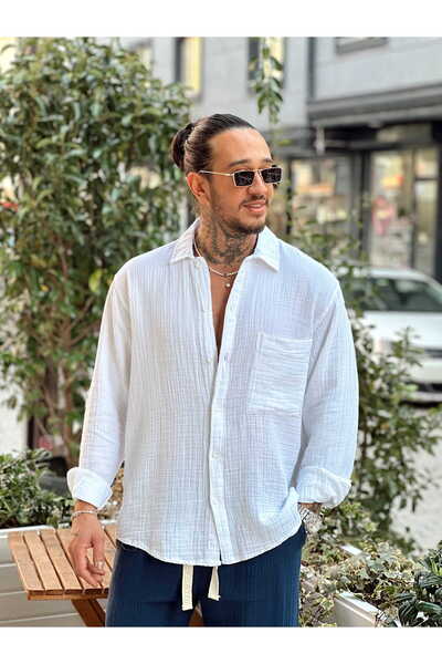 manch collection Μονό Με τσέπες oversized Πουκάμισο Μουσελίνας Λευκό