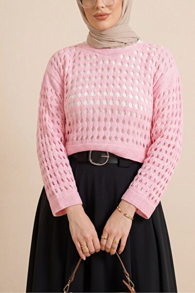 Modamorfo Kayık Yaka Lace-Like Knit Knitwear Sweater -Pink