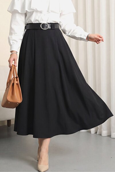 Modamorfo Thick Belt Layer Tivil Skirt with Pleated Front and Pocketed Side Z...