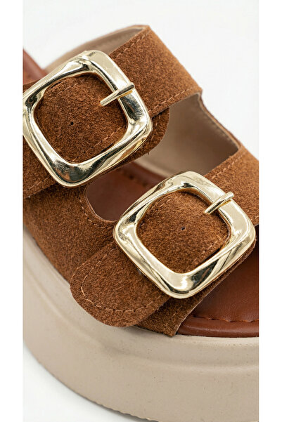 Limeo Double Buckle Detail High Wedge Heel Lu Suede Comfortable Women's Summer Slipper Sandals