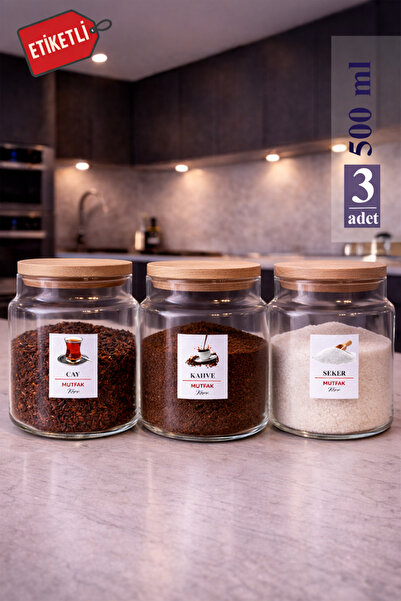 Mutfak Köşesi Pureglass 500 ml Set of 3 Glass Jars with Wooden Lids – Tea, Co...