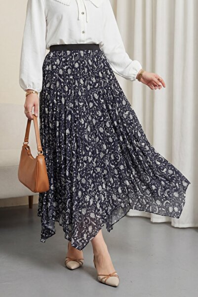 Modamorfo Mixed Pattern Elastic Waist Asymmetrical Cut Lined Tulle Skirt - Navy