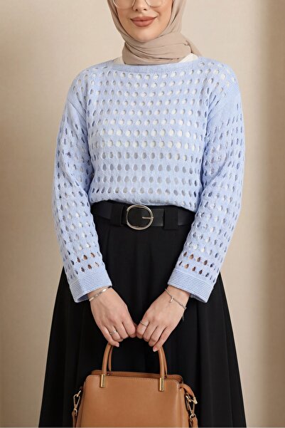 Modamorfo Kayık Yaka Lace-Like Knit Knitwear Sweater - Baby Blue