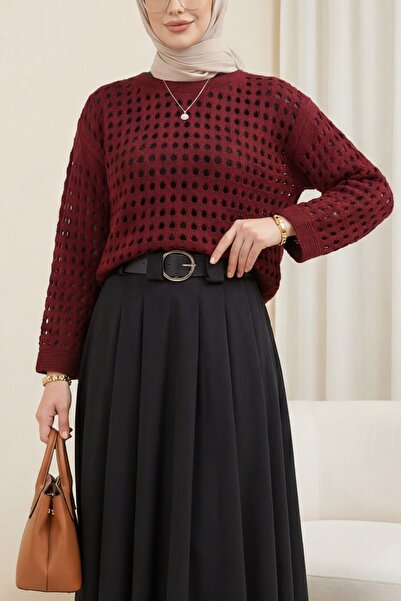 Modamorfo Kayık Yaka Lace-Like Knit Knitwear Sweater -Burgundy