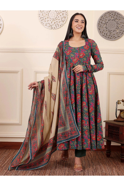 MYSMAR Dark Green Viscose Flower Print Anarkali Set - VRN1024 - Dark Green