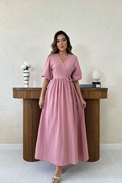 Caddebostan Moda Women's Muslin Fabric Double-Breasted Collar Tie-Detail Slit...