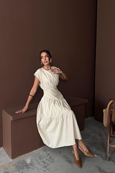 Caddebostan Moda Ruched Detail Linen Dress Half Sleeve Asymmetrical Cut Layer...