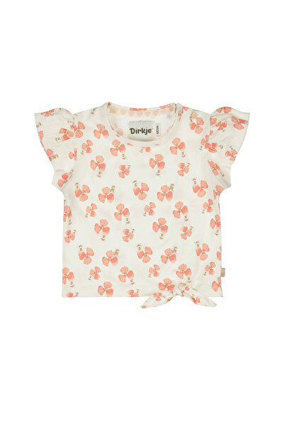 Dirkje Girls' cotton T-shirt with puff sleeves and a tie at the waist - cream...