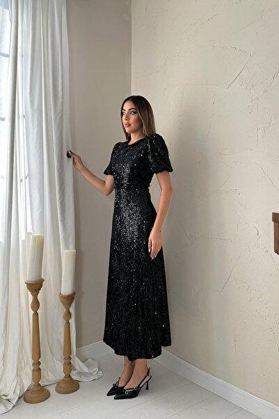 Caddebostan Moda Women's Sequined Midi Dress Crew Neck Short Sleeve Evening D...