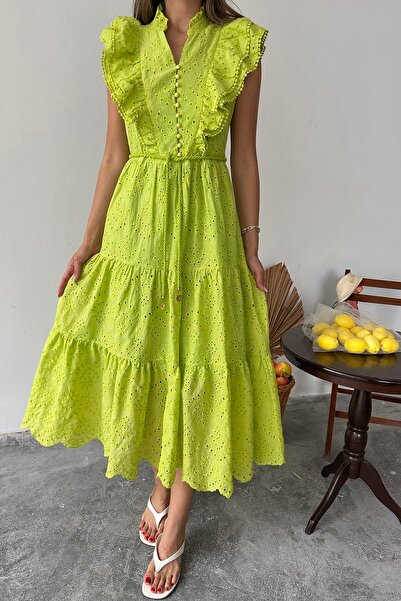 Caddebostan Moda Ruffled Buttoned Embroidered Embroidered Belted Bohemian Max...