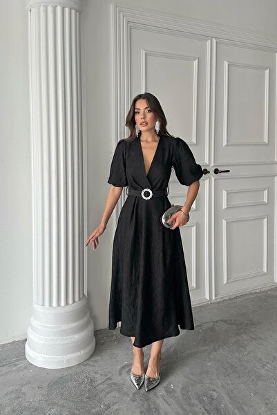 Caddebostan Moda Sparkling Belt Piece Double-Breasted Dress Balloon Sleeve Mi...