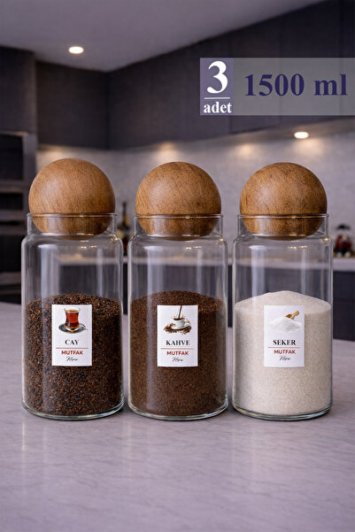 Mutfak Köşesi Pureglass 1500 ml Set of 3 Glass Jars with Wooden Ball Lids – T...