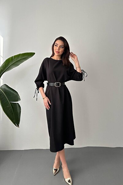 Caddebostan Moda Belted Slit Midi Length Casual Dress with Tie Sleeves and St...