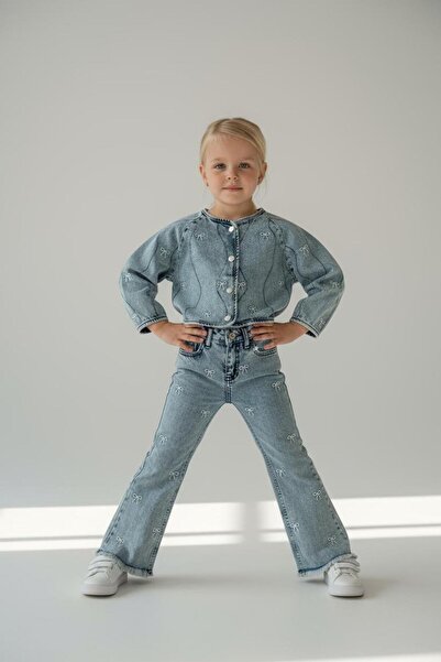 CHİCKİDSWEAR Girl's Embroidered Denim Jacket and Trousers Set Denim 2-in-1 Set