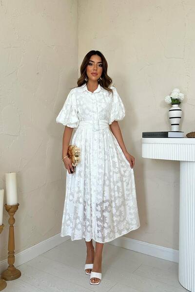 Caddebostan Moda Belt Balloon Sleeves Jacquard Shirt Collar Midi Length Dress