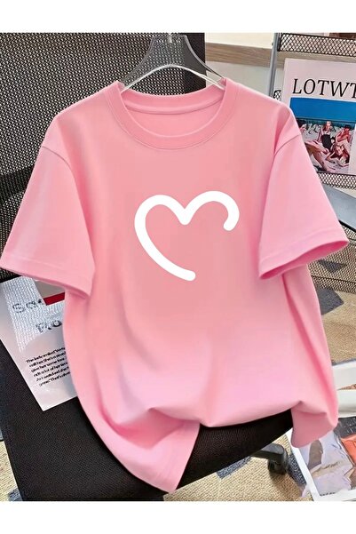 FUFLUNS تي شيرت كبير الحجم بطبعة نصف قلب وياقة دائرية