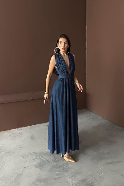 Caddebostan Moda Deep Slit Low-Cut Tencel Fabric Tie-Up Long Dress